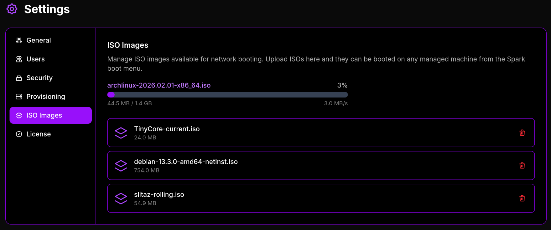 Manage ISO images in the settings panel